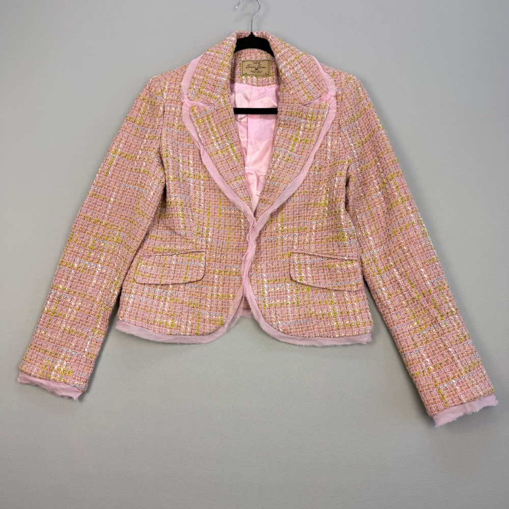 Sans Souci Preppy Pink Tweed Blazer Jacket Frayed Trim Boucle Wool Blend Large